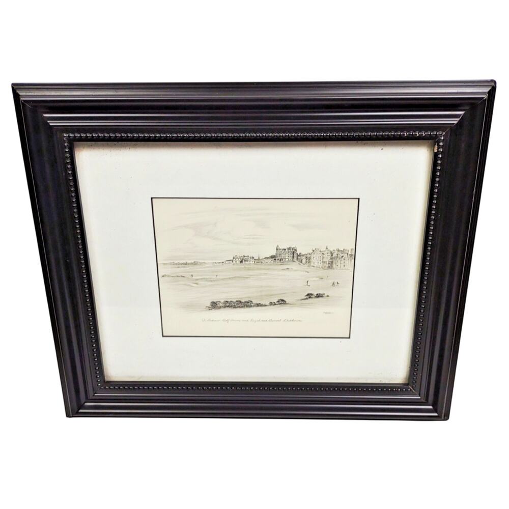 Framed Signed Pencil Etching St Andrews Royal Ancient Golf Club House 17x14" VTG